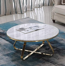 Tavolino in Marmo Tondo con Struttura in Metallo Stampa Oro, Base a Forma di X Accanto al tavolino del Divano per Salotto Accent Tavolo da tè, Oro/Bianco
