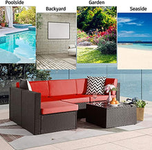 MengFeiNi 5 PCS Patio Mobili Set Divano Componibile All'aperto con Tavolo Tutti I Meteo in Rattan Vimini Cuscini Lavabili Conversazione per Portico Giardino Cortile Bordo Piscina Balcone,Rosso