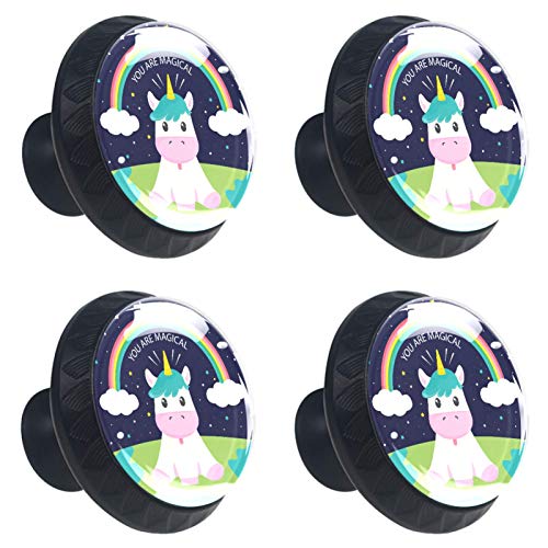 Set di 4 maniglie rotonde per armadio da cucina, credenza, cassettiera, cassettiera, con viti, per cucina, comò, armadietto, bagno, armadio, divertente unicorno mucca arcobaleno