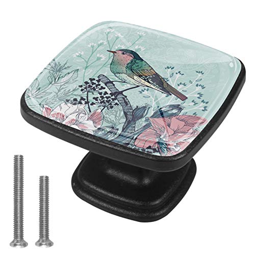 Set di 4 pezzi con maniglia quadrata per armadio da cucina, credenza, cassettiera, cassettiera, con viti, per cucina, comò, armadietto, bagno, armadio, rose con uccelli e fiori floreali