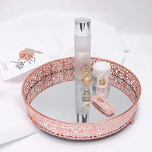 Vassoio portaoggetti per trucco dorato rosa Scatola portaoggetti in vetro pizzo rotondo Scatola portaoggetti per cosmetici da tavolo Vassoio per gioielli profumo per rossetto, oro rosa, 29,5 cm