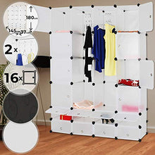 Armadio a Cubi - in Plastica, 145/180/37 cm, con 16 Scomparti Chiusi e 2 Aperti, 2 Aste Appendiabiti, Nero con Motivo e Bianco - Armadio Portatile, Armadietto Guardaroba, Ripostiglio