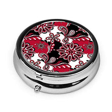 Contenitore rotondo per pillole con motivo cachemire mandala rosso e nero a 3 scomparti, in metallo, per medicina e vitamine, per viaggi all'aperto