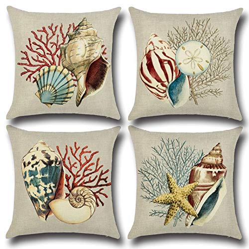 GSYYSZD Fodera per Cuscino, 4 Pezzi di Federa Decorativa Vita Nautica 45 cm x 45 cm Cotone Lino Decorazione della casa Durevole,03