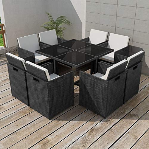 FAMIROSA Set da Pranzo da Giardino 9 pz con Cuscini in Polyrattan Nero -2543