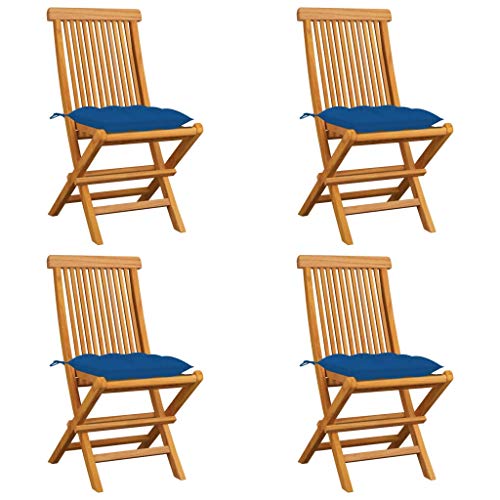 vidaXL Sedie da Giardino con Cuscini Blu 4 pz Massello di Teak