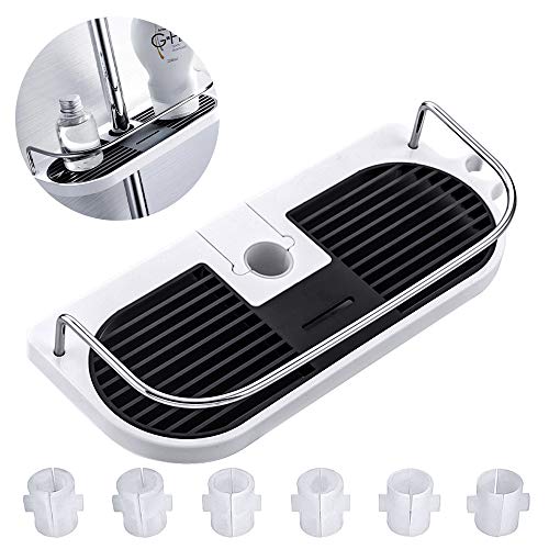 Mensola per Bagno Vassoio, Mensole Angolare per Doccia da Appendere, con 6 Rondelle e Ganci Supporto Rimovibile per Asta della Doccia 19mm-25mm (1Pezzi)