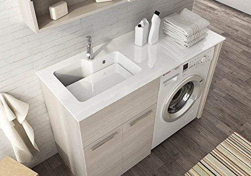 Mobile lavanderia copri lavatrice con lavabo integrato, L127 cm P50 cm, Lavabo In Ocritech, Vasca Integrata, Top legno L62 P50, Base porta lavabo 2 ante, Tavoletta lavapanni - Made in Italy