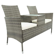 Pumpumly Panchina da giardino in polyrattan, con tavolo da 2 posti, cuscini da 5 cm, grigio