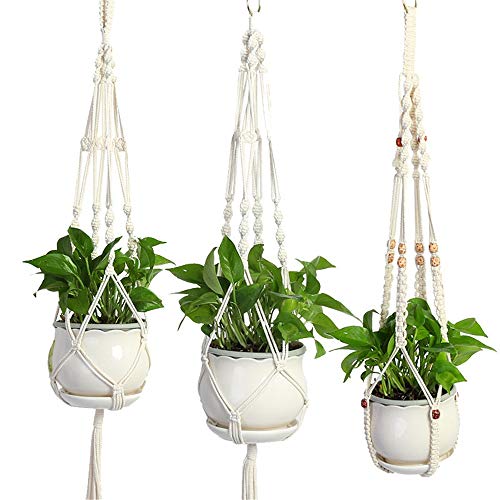 MICROSHE Macrame Plant Hanging Planter Set Appendiabiti da Terra per Esterno con fioriera in Cotone per Esterni (Colore : Beige, Dimensione : Set of 3)
