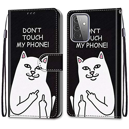 Nadoli Custodia Pelle per Samsung Galaxy A72 5G,Colorato Dipinto Divertente Bianca Gatto Cinturino da Polso Porta Carte Magnetico Portafoglio Protettiva Cover