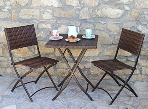 HOMEGARDEN Set Duetto Pieghevole Tavolo + 2 Sedie in Polirattan Arredo Giradino Esterno