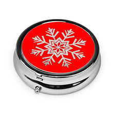 Contenitore rotondo per pillole in metallo con glitter e fiocco di neve rosso, con 3 scomparti per medicine in metallo, per viaggi all'aperto