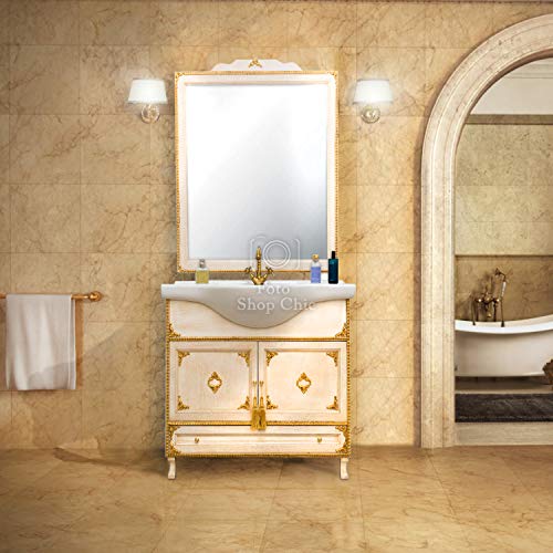 SHOP CHIC Completo Bagno Mobile con lavabo e specchiera in Stile Barocco Avorio e Oro per Piccoli spazi