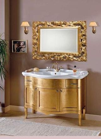 Bagno Italia Mobile Arredo Bagno 109cm Foglia ORO con lavabo in ceramica e specchiera con cornice Mobili 1 l