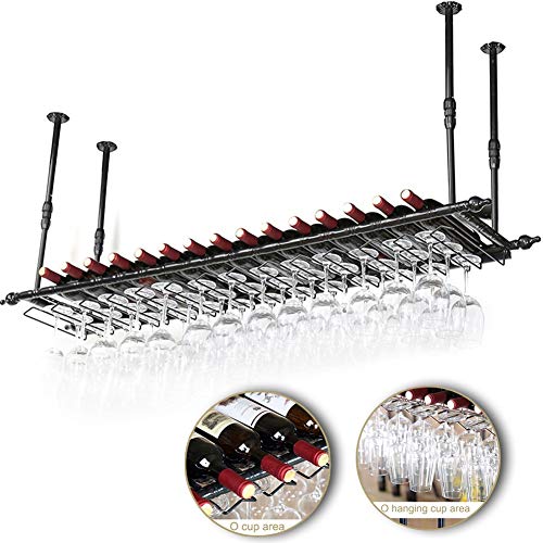 AMSXNOO Porta Bottiglie da Vino, Porta Bicchieri Sospeso Appeso ad Altezza Regolabile Scaffale per Esposizione Decorazione per Bar Cucine per Ristoranti 120x30cm (Color : Black)