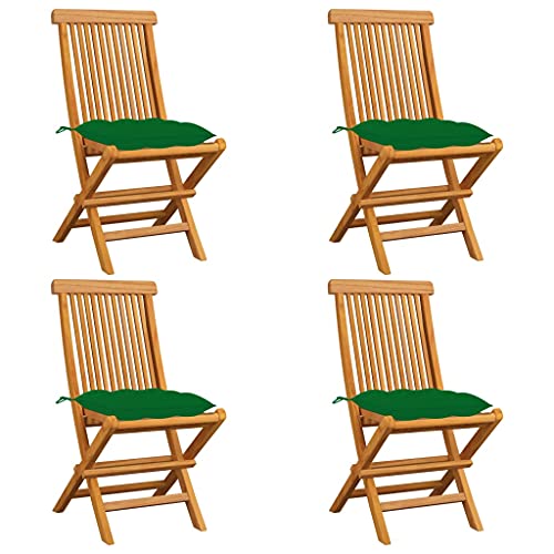 vidaXL Sedie da Giardino con Cuscini Verdi 4 pz in Massello di Teak