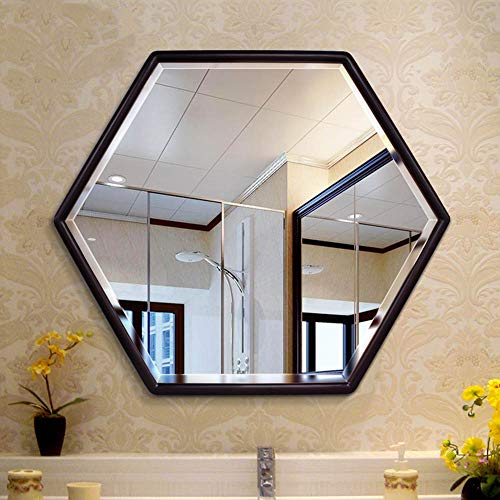 Bathroom mirror JWZQ Specchio Bagno,Specchio Cosmetico,Forma Esagonale,Cornice in Legno Massiccio,Sospensione Orizzontale e Verticale(Altezza 72,5 cm)