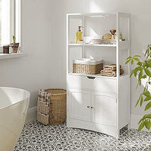 VASAGLE Mobile Bagno, Mobiletto Bagno, Armadietto Multiuso, con Cassetto, 2 Ripiani Aperti e Anta Doppia, 60 x 32,5 x 122 cm (L x P x A), Bianco BBC64WT