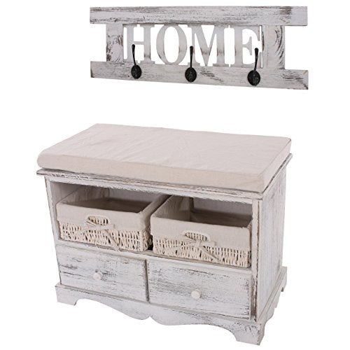 Mendler Serie Vintage Panca cassettiera con attaccapanni Home Legno di paulonia Bianco