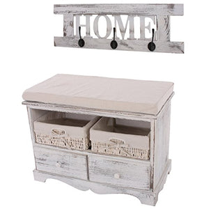 Mendler Serie Vintage Panca cassettiera con attaccapanni Home Legno di paulonia Bianco