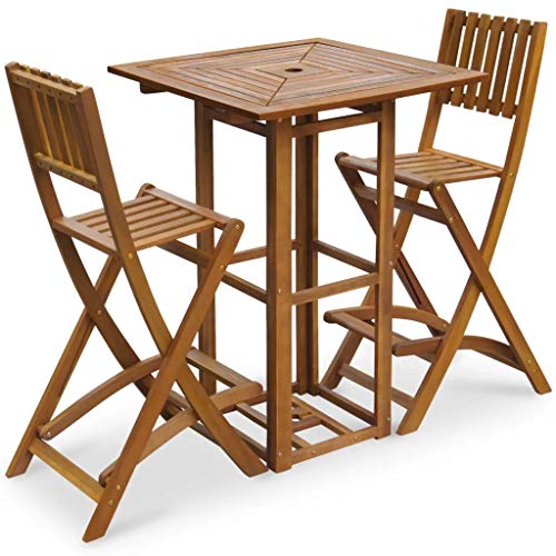 Set da Pranzo da Giardino 3 pz Pieghevole in Massello di Acacia - Tavolo da Picnic con 2 Sedie - Tavolo con Foro per Parasole- per Giardino, Patio o Balcone