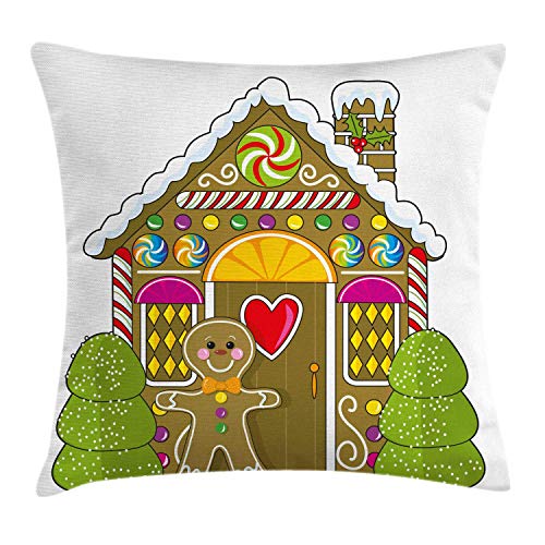 GOSMAO Gingerbread Man Throw Pillow Fodera per Cuscino, casa di marzapane con Caramelle Colorate Cookie Man Graphic, Federa Decorativa con Accenti Quadrati, Umber 18X18 Pollici