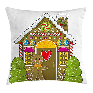 GOSMAO Gingerbread Man Throw Pillow Fodera per Cuscino, casa di marzapane con Caramelle Colorate Cookie Man Graphic, Federa Decorativa con Accenti Quadrati, Umber 18X18 Pollici