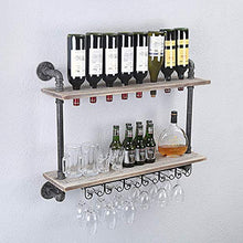 FURVOKIA - Scaffale da parete per vino industriale, rustico, con supporto in vetro, da appendere al muro, a 2 ripiani in legno, per casa, soggiorno, cucina, espositori (61 cm)