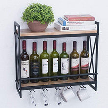 Portabottiglie Vintage in Metallo Nero a Parete con Supporto per Bicchiere da Vino Industriale, 2 Livelli Rack di stoccaggio Legno Scaffale per Vini