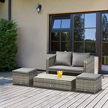 Outsunny Mobili da Giardino in Rattan Salotto da Esterno Set 4 Pezzi con Divano, Tavolino Regolabile e Pouf, Grigio