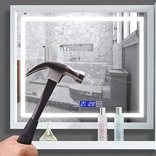 Mopoq Armadietto a specchio da bagno a parete vanità bianco, alluminio montato specchio con visualizzazione del tempo + luce del LED + antinebbia