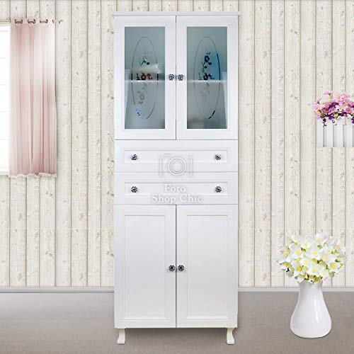 Mobiletto Bagno Mobile con Ante e cassetti salvaspazio in Legno Compatto Stile Shabby Chic Colore Bianco Opaco con vetrine Armadio scarpiera