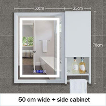 Mopoq Armadietto a specchio da bagno a parete vanità bianco, alluminio montato specchio con visualizzazione del tempo + luce del LED + antinebbia