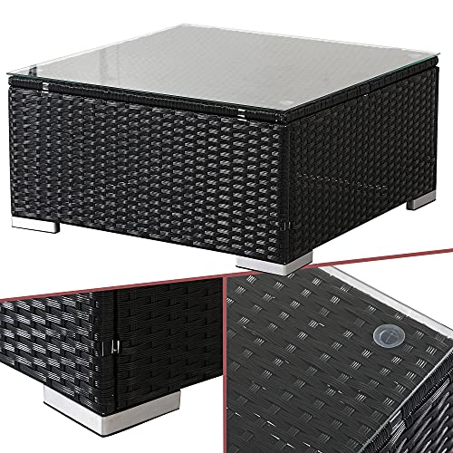 Arebos Tavolino in rattan sintetico | nero | Tavolo da giardino resistente alle intemperie | Tavolo da caffè con piano in vetro | 70 x 70 x 34 cm