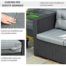 Outsunny Set Mobili da Giardino in Rattan PE Divano 3 Posti e Poggiapiedi/Tavolino, Cuscini Sfoderabili, Nero Grigio