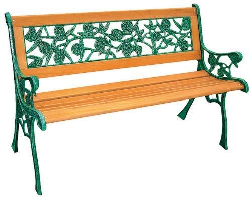 Panchina da giardino con rose, in legno duro e ghisa.