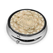 Scatola rotonda per medicina portatile, mini portapillole in metallo, dispenser per pillole tascabili, borsa da viaggio, fiore della vita in oro e tela di loto pastello