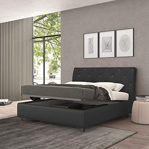 Talamo Italia Letto contenitore matrimoniale Strauss, Made in Italy, Struttura in ecopelle imbottita, Adatto a materasso 160x190 cm, Nero