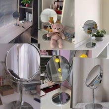 ANGNYA Specchio Trucco da Tavolo, Doppia Faccia Specchio Ingranditore 5X/1X, Specchio da Bagno Rotazione a 360︒ Stile Retrò, Bordo e Piedistallo Trasparente，Argento, Supporto Cromato
