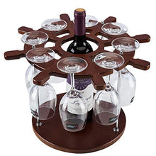 H-Porta Bottiglie da Vino 1 Bottiglia 8 Bicchieri di Vino Rack di Legno Forma Timone Brown