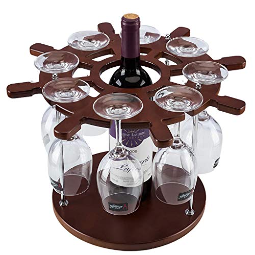 H-Porta Bottiglie da Vino 1 Bottiglia 8 Bicchieri di Vino Rack di Legno Forma Timone Brown
