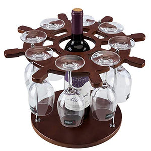 H-Porta Bottiglie da Vino 1 Bottiglia 8 Bicchieri di Vino Rack di Legno Forma Timone Brown