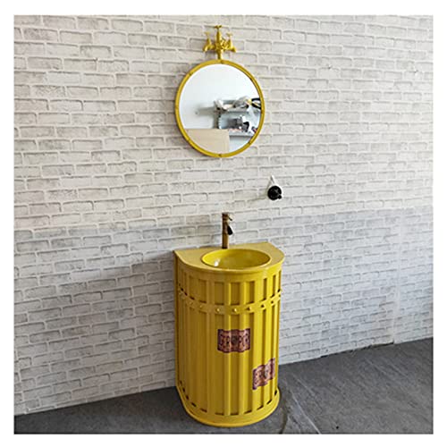 YRRA Autoportante Mobile sottolavabo Stile Industriale Mobile lavabo Bagno con lavello e Rubinetto Combinato, per Bagno copricolonna, 22,4 x 33,4 Pollici,Giallo,with Mirror
