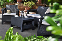 Keter Corfu Lounge Set, Mobili da Giardino con Divano 2 Posti, 2 Poltrone e Un Tavolino con Cuscini, Grafite, 50X168X75 Cm