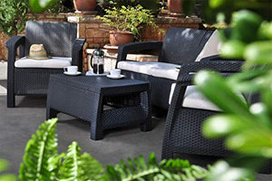 Keter Corfu Lounge Set, Mobili da Giardino con Divano 2 Posti, 2 Poltrone e Un Tavolino con Cuscini, Grafite, 50X168X75 Cm