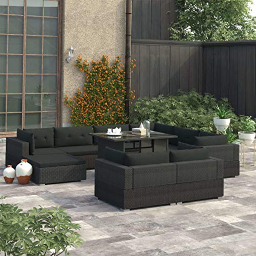 Festnight Set Divani da Giardino con Cuscini in Polyrattan, Set Mobili da Esterno Nero 10 pz