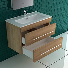 Lavabo in ceramica con mobiletto in rovere opaco, specchio con illuminazione a LED, mobile da bagno per gli ospiti, bagno e lavabo di design a specchio