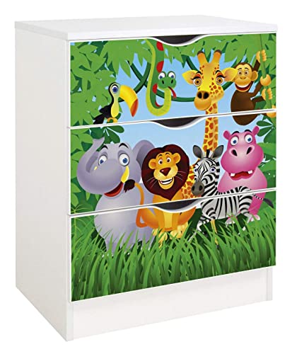 leomark Comodino Cassettiera in Legno - Roma - Bianca tavolino con cassetti, Armadietto per Camera da Letto, Stile scandinavo, Dimensioni: 60 x 42 x 78 (A) cm (Animali)