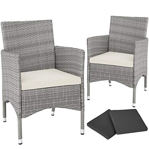 tectake 2x Pezzi Sedie da Esterno, Poli Rattan Poltrona da Giardino, Set 2x Rivestimenti per Cuscini, Viti in Acciaio Inox, Grigio Chiaro